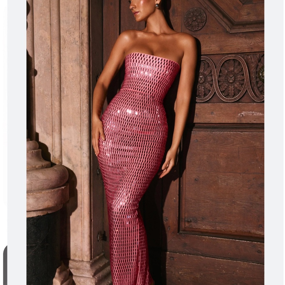 Oh Polly Strapless Pink Sequin Maxi Dress